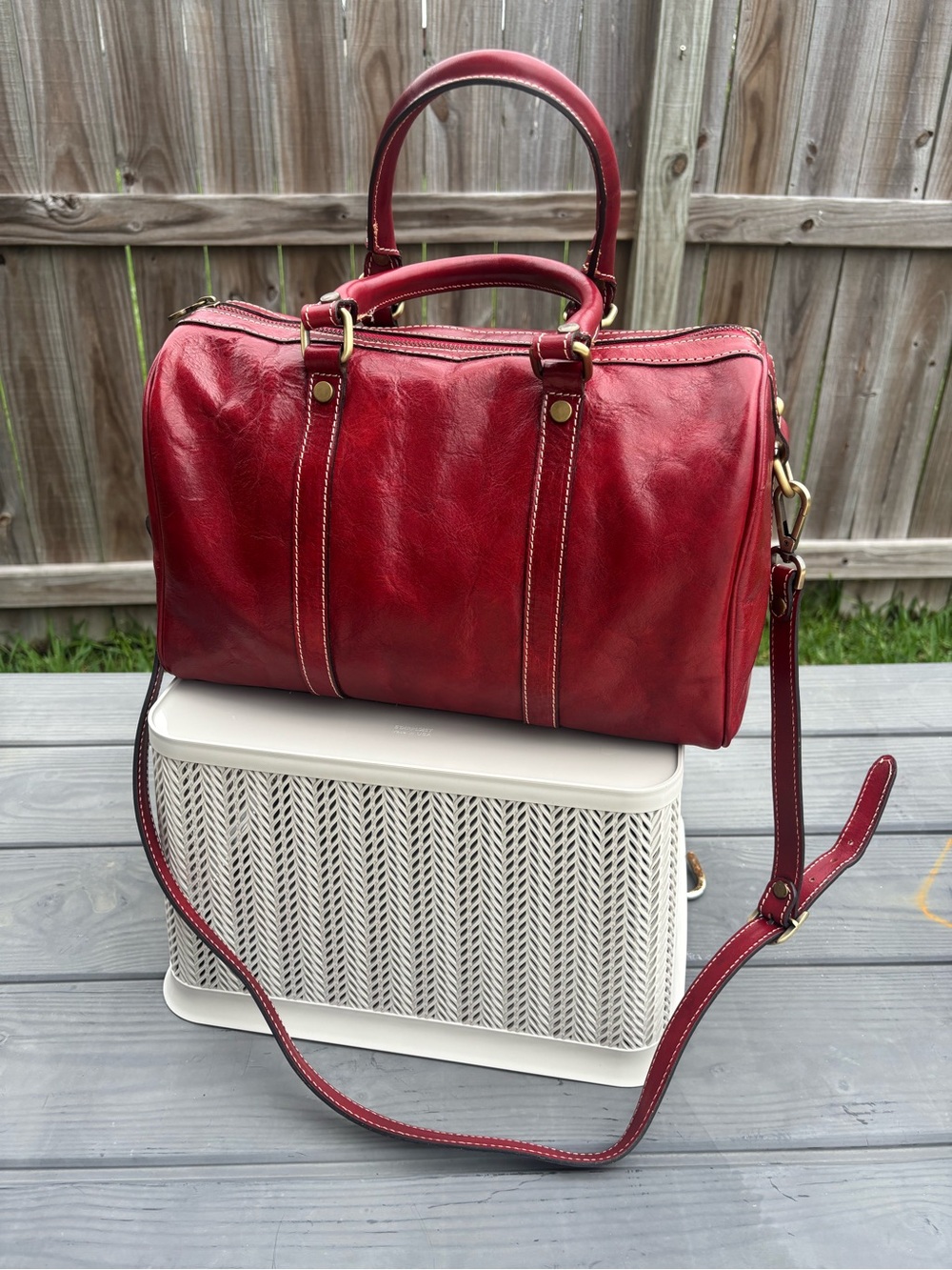 Floto Red Italian Leather Boston Bag | Satchel Crossbody | Patina | EUC